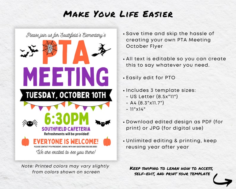 DIY Halloween PTO Meeting Flyer, October Announcement, Editable