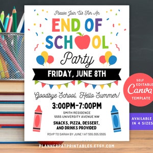 Plantilla editable de invitación para fiesta de fin de curso, imprimible y editable en Canva.