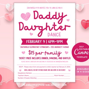 Könnte beinhalten: Eine druckbare Einladung zu einem Vater-Tochter-Tanz mit einem rosa Herz mit weißem Rand und dem Text "Daddy Daughter Dance" in rosa Buchstaben. Datum und Uhrzeit der Veranstaltung sind als "February 9 | 6PM-9PM" angegeben. Der Veranstaltungsort ist als "Southfield Elementary Gymnasium - 555 University Avenue" angegeben. Der Preis ist als "15 $ pro Familie" angegeben. Der Text "Ticket price includes dinner, dancing, and raffle!" ist ebenfalls enthalten. Die Einladung ist mit rosa Herzen verziert.