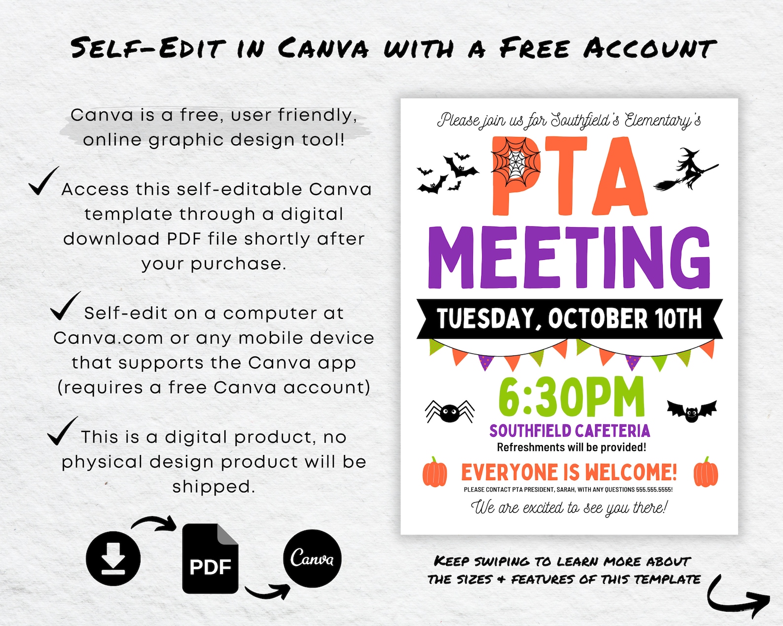 Editable PTA PTO Meeting Flyer Template | School Event Invite (canva ...