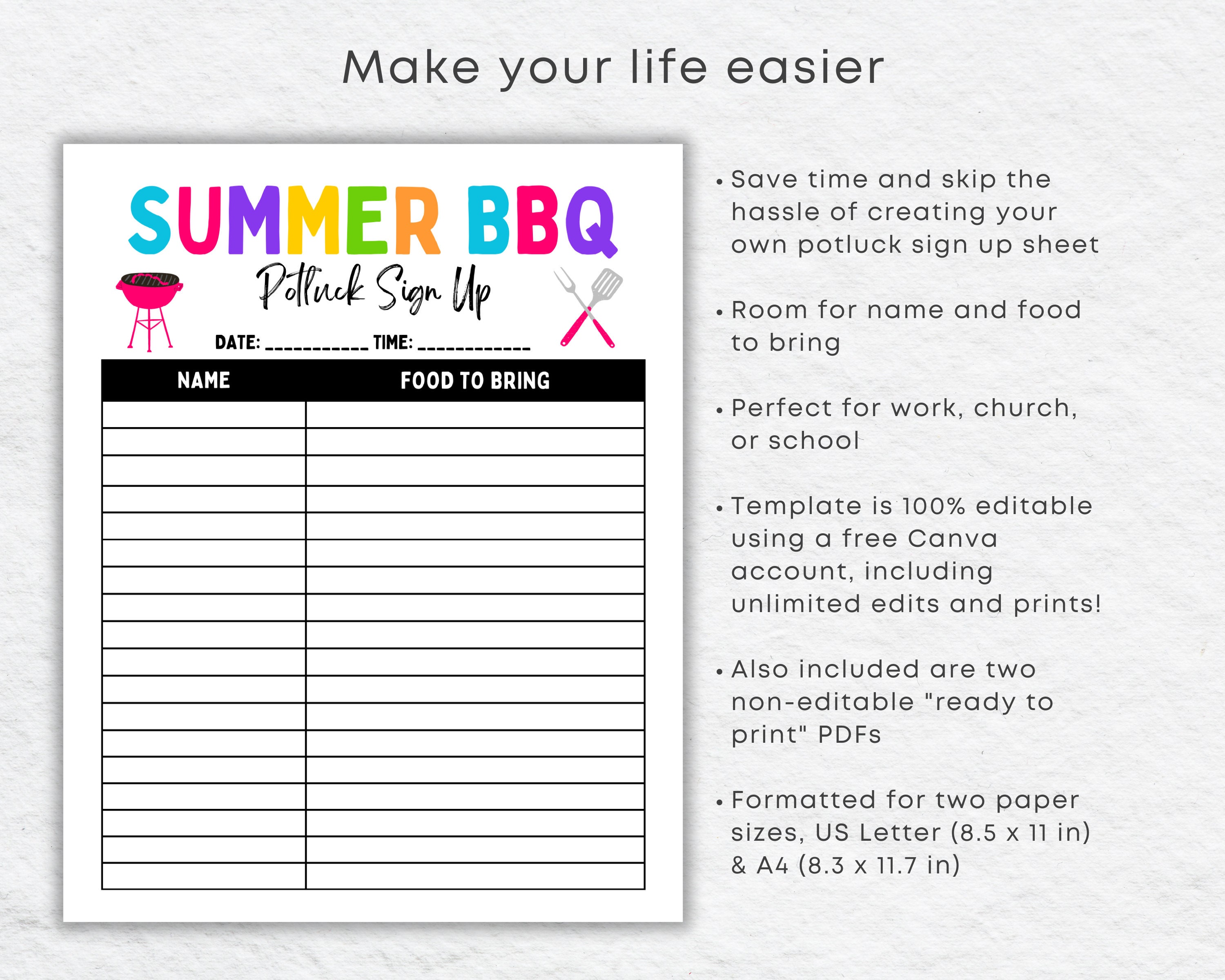 Summer BBQ Potluck Sign up Sheet for Summer Cookout Potluck Etsy