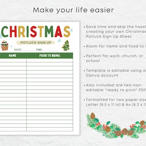 K&ouml;nnte beinhalten: Druckbare Weihnachts-Potluck-Anmeldeliste mit festlichem Design. Das Blatt bietet Platz f&uuml;r Namen, mitzubringende Speisen, Datum und Uhrzeit. Es ist f&uuml;r die Papierformate A4 und US Letter formatiert.