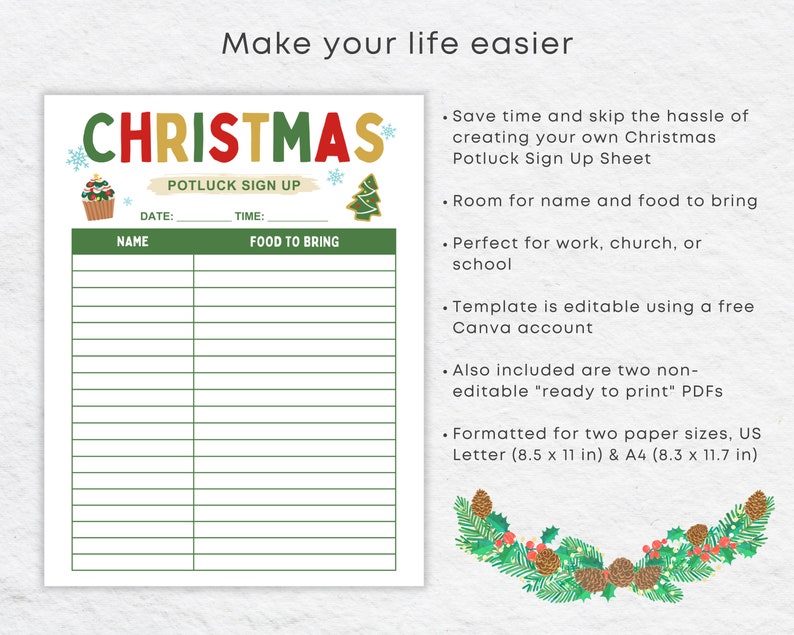 K&ouml;nnte beinhalten: Druckbare Weihnachts-Potluck-Anmeldeliste mit festlichem Design. Das Blatt bietet Platz f&uuml;r Namen, mitzubringende Speisen, Datum und Uhrzeit. Es ist f&uuml;r die Papierformate A4 und US Letter formatiert.