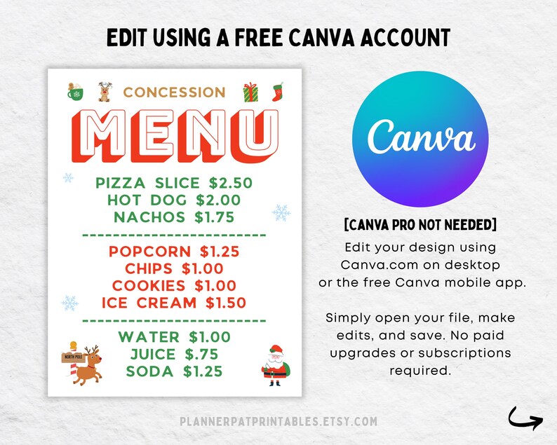 Christmas Concession Stand Menu Template | Editable Holiday Food Price ...