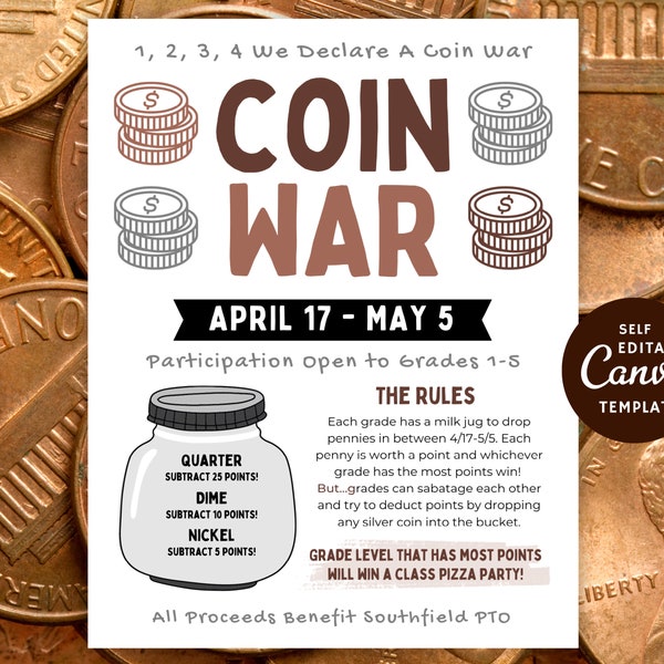 Editable Coin War Flyer Template, Penny Drive School Fundraiser, Canva