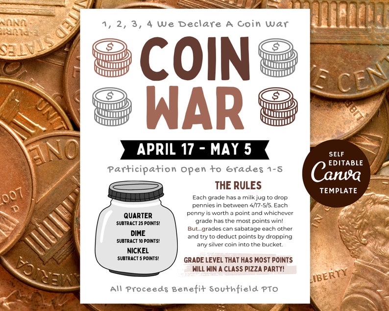 Editable Coin War Flyer Template, organized to include school fundraiser competition details such as class participation, dates of event, grade levels, rules, and who benefits from proceeds, sizes 8.5x11in (Us letter), 8.3x11 (a4), and 11x14inch