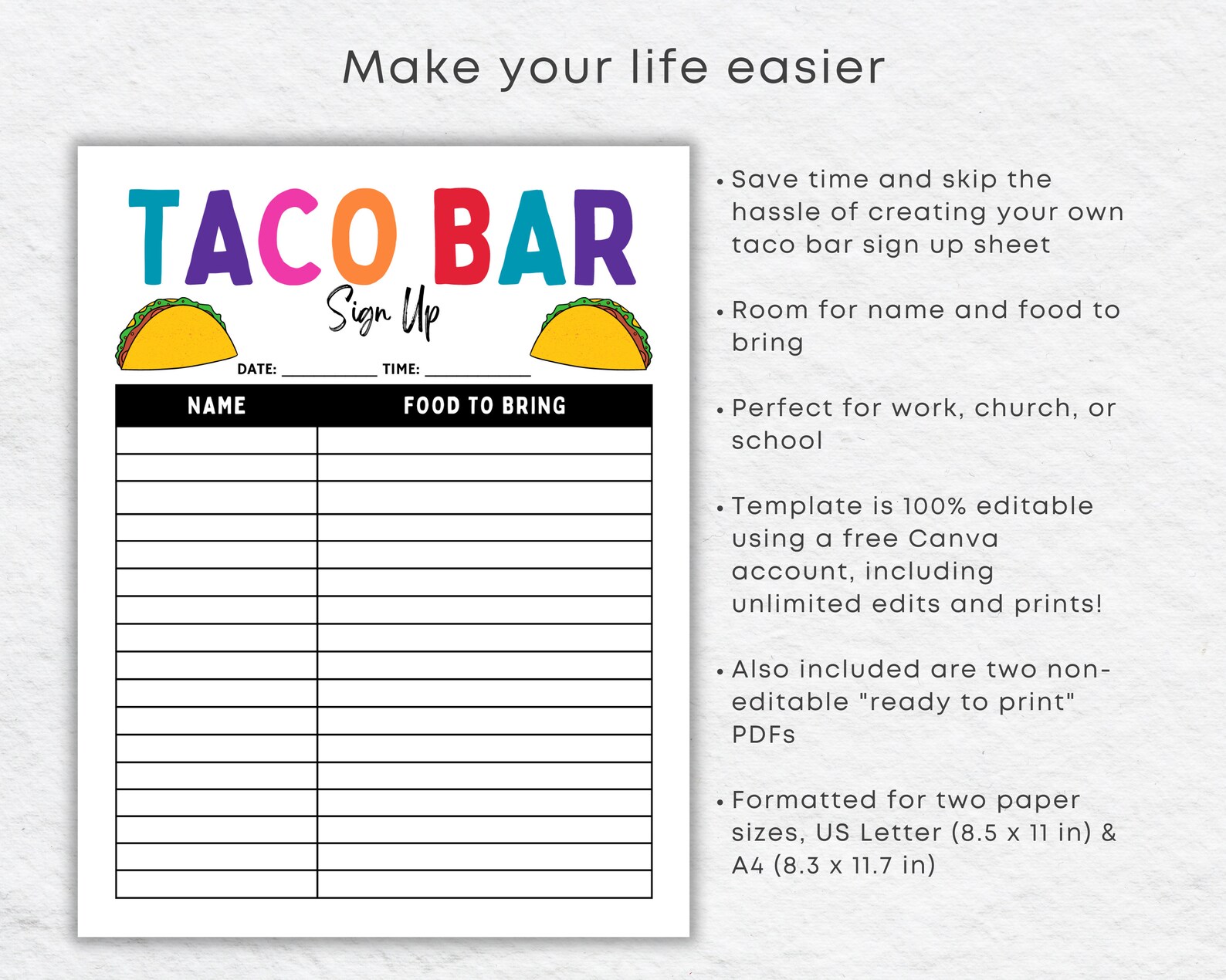Taco Bar Sign up Sheet Printable for Mexican Fiesta Potluck - Etsy