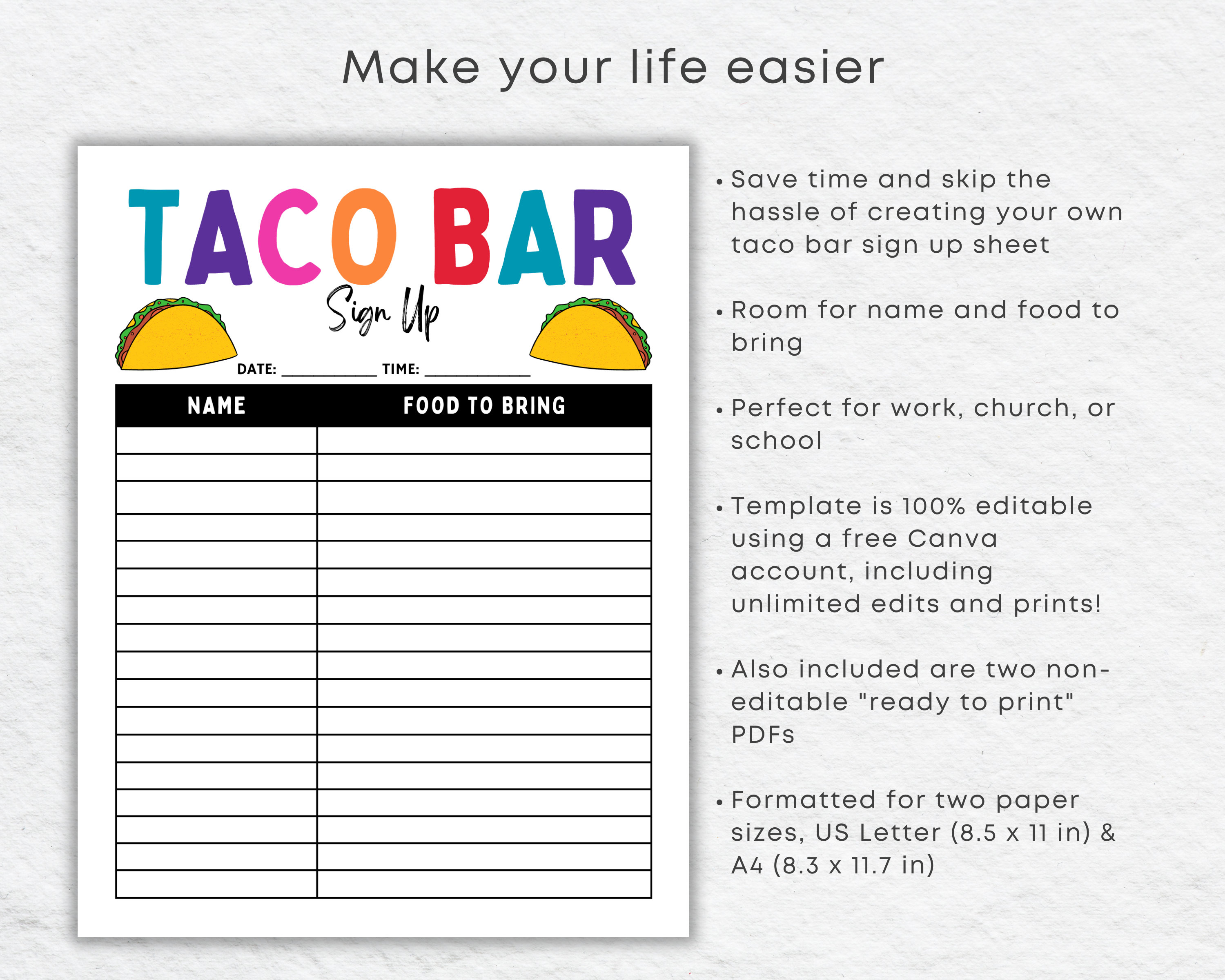 Taco Bar Sign up Sheet Printable for Mexican Fiesta Potluck Etsy Israel