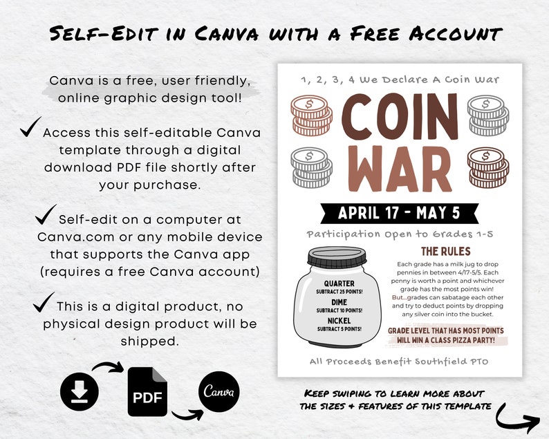 May include: A printable PDF template for a coin war fundraiser. The template features a colorful design with coins, a milk jug, and the text "Coin War" and "April 17 - May 5".