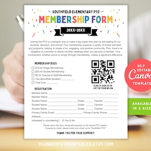May include: A printable membership form for Southfield Elementary PTO. The form includes membership dues, registration information, and a QR code to sign up online. The form is available in two sizes and is editable in Canva.