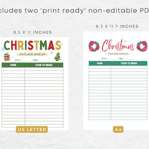 K&ouml;nnte beinhalten: Zwei druckbare Anmeldeformulare f&uuml;r ein Weihnachts-Potluck. Das Blatt auf der linken Seite ist 8,5 x 11 Zoll gro&szlig;, das Blatt auf der rechten Seite 8,3 x 11,7 Zoll. Beide Bl&auml;tter haben ein festliches Weihnachts-Thema in den Farben Rot, Gr&uuml;n und Gold. Die Bl&auml;tter haben einen Titel, der "Christmas Potluck Sign Up" lautet, und bieten Platz f&uuml;r G&auml;ste, um ihre Namen und das, was sie mitbringen, einzutragen.