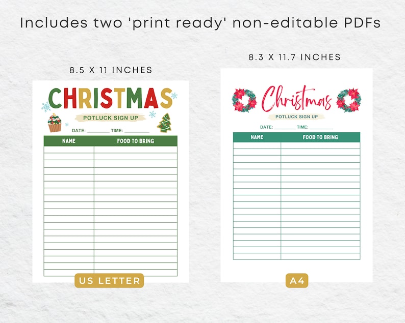 K&ouml;nnte beinhalten: Zwei druckbare Anmeldeformulare f&uuml;r ein Weihnachts-Potluck. Das Blatt auf der linken Seite ist 8,5 x 11 Zoll gro&szlig;, das Blatt auf der rechten Seite 8,3 x 11,7 Zoll. Beide Bl&auml;tter haben ein festliches Weihnachts-Thema in den Farben Rot, Gr&uuml;n und Gold. Die Bl&auml;tter haben einen Titel, der "Christmas Potluck Sign Up" lautet, und bieten Platz f&uuml;r G&auml;ste, um ihre Namen und das, was sie mitbringen, einzutragen.