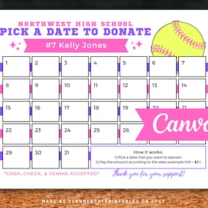 Editable Softball Calendar Pick A Date to Donate Fundraiser Canva Template
