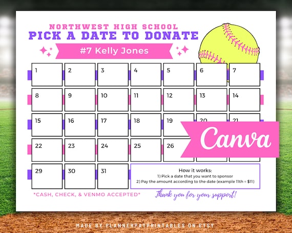 Editable Softball Fundraiser Calendar Pick A Date to Donate Canva Template  - Etsy Finland
