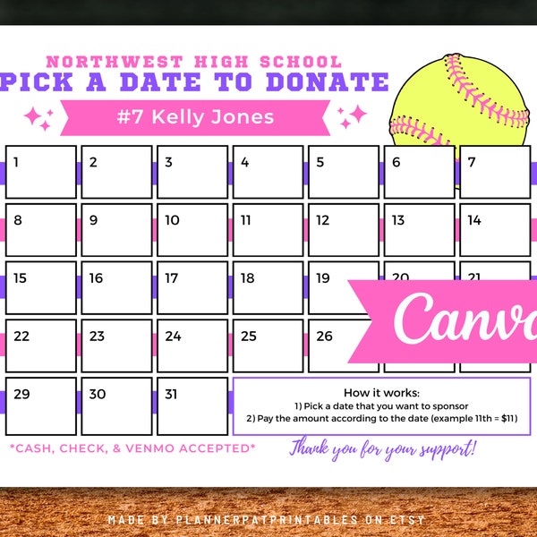 Editable Softball Fundraiser Pick A Date to Donate Calendar Canva Template