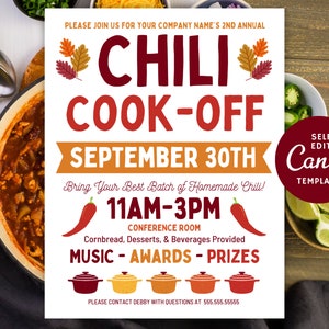 Folleto editable de cocina de chili de otoño, concurso de chili de trabajo, plantilla de Canva