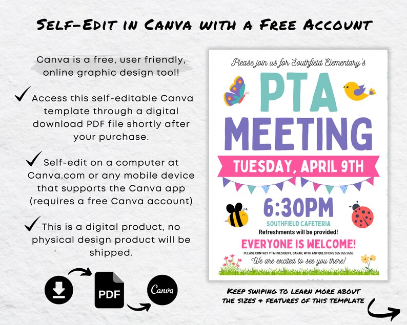 Spring PTA Meeting Flyer Template | Editable PTO Event Invitation ...