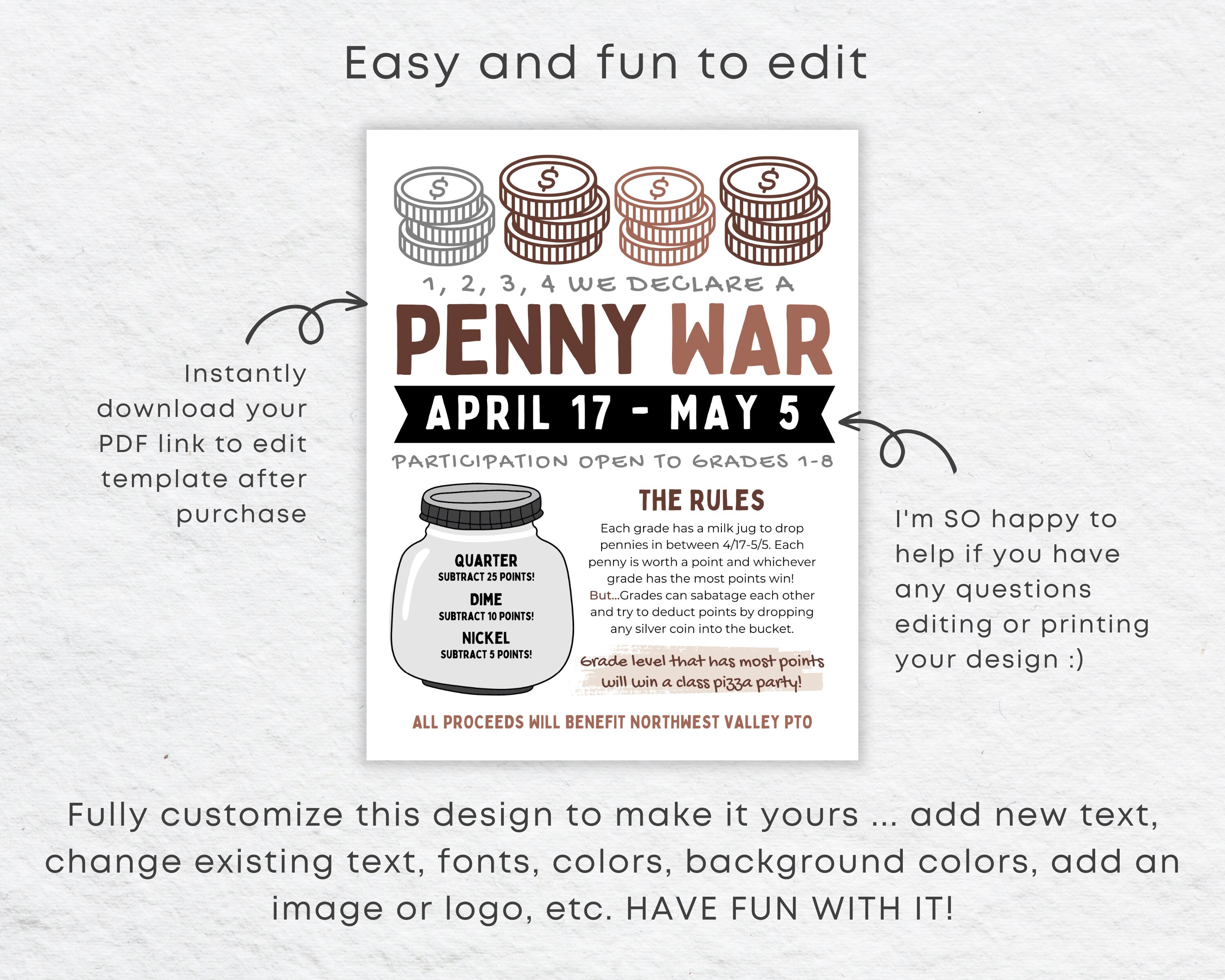 Penny War Flyer Editable Template for Coin Drive Fundraiser - Etsy