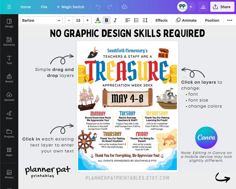 Pirate Theme Teacher & Staff Appreciation Week Itinerary Flyer (canva ...