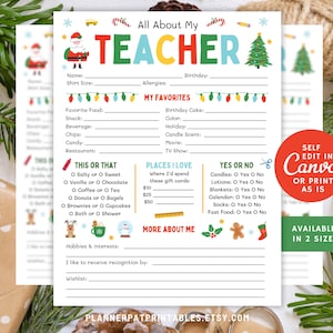 Christmas All About My Teacher Printable, Favorite Things Questionnaire, Ready to Print PDF