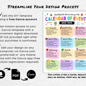May include: A colorful calendar of events template for Southfield Elementary PTO, spanning the years 20XX-20XX. The design includes monthly event listings, a Canva logo, and instructions for editing the template using a free Canva account. The listing is for a digital product.