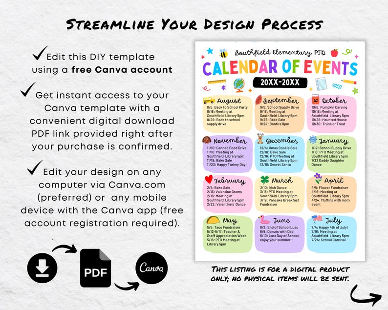 May include: A colorful calendar of events template for Southfield Elementary PTO, spanning the years 20XX-20XX. The design includes monthly event listings, a Canva logo, and instructions for editing the template using a free Canva account. The listing is for a digital product.