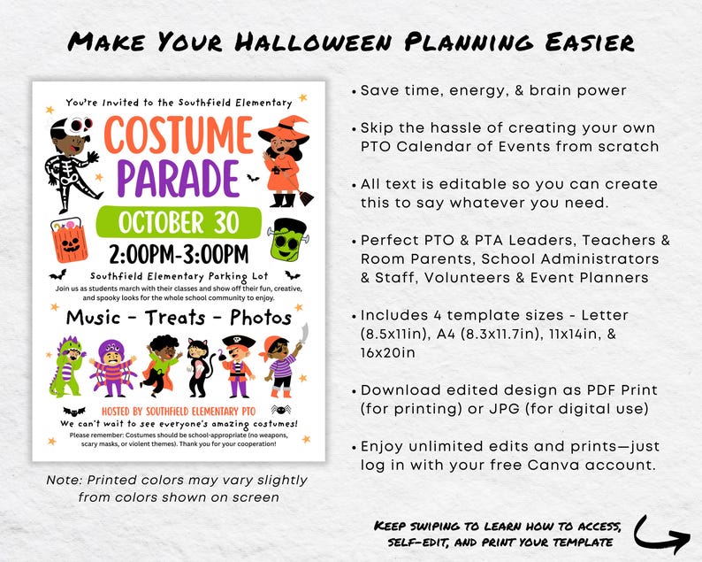 Editable Halloween Costume Parade Flyer Canva Template | Elementary ...