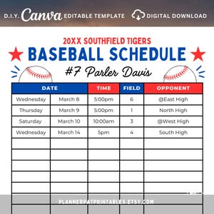 Puede incluir: Una plantilla de calendario de béisbol con el texto "20XX SOUTHFIELD TIGERS BASEBALL SCHEDULE #7 Parler Davis". El calendario incluye fechas, horas, números de campo y oponentes. El diseño presenta gráficos de béisbol y acentos de estrellas.