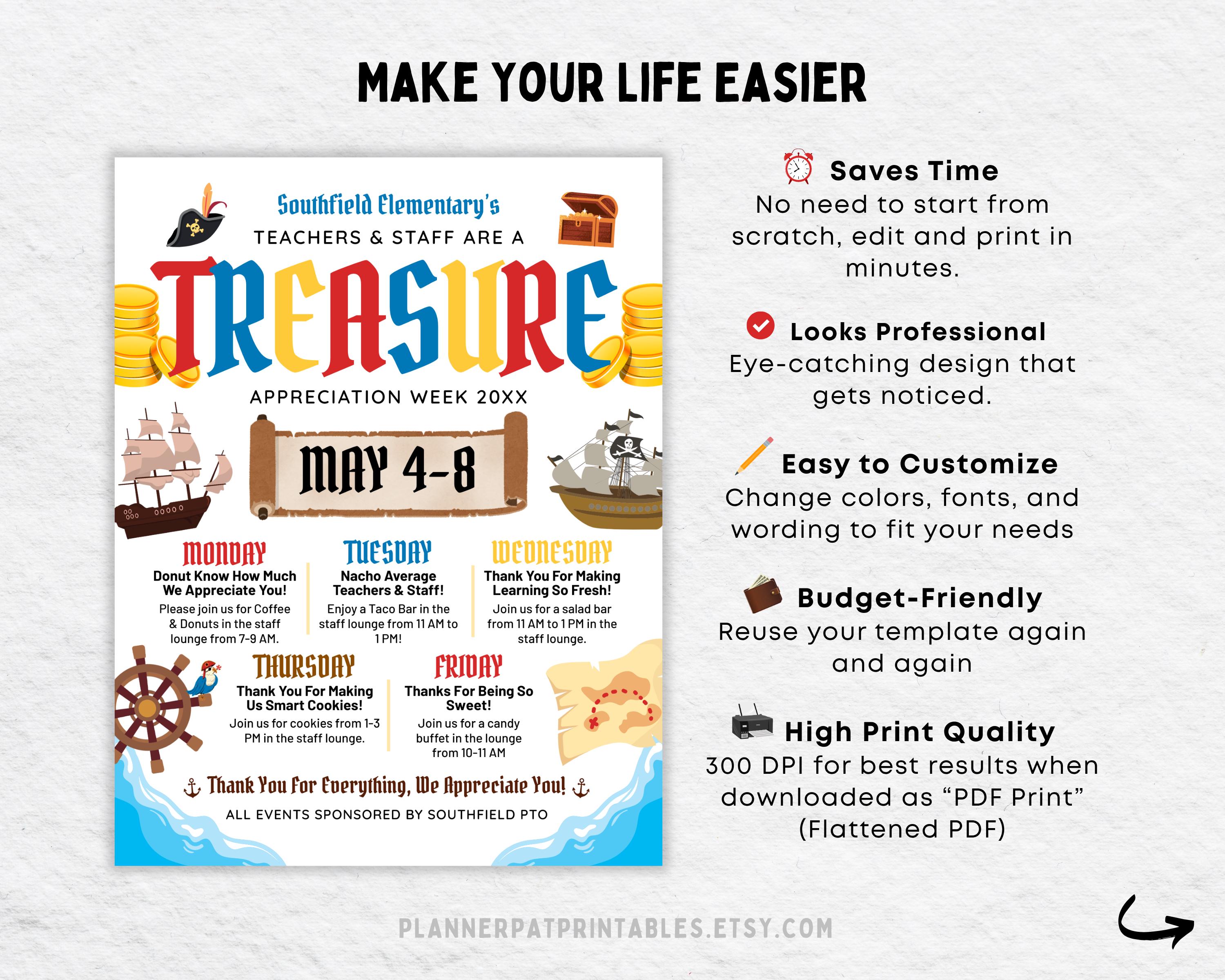 Pirate Theme Teacher & Staff Appreciation Week Itinerary Flyer (canva ...