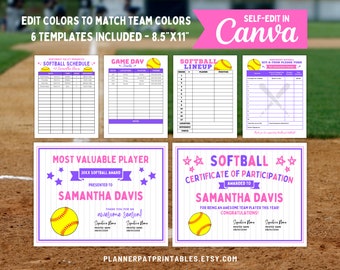 Editable Softball Template Bundle, Snack & Game Schedules, Lineup, Hit-a-thon, Certificates (Canva)