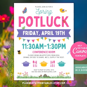 Editable Spring Potluck Invite Printable, Potluck Luncheon Party Flyer, Canva