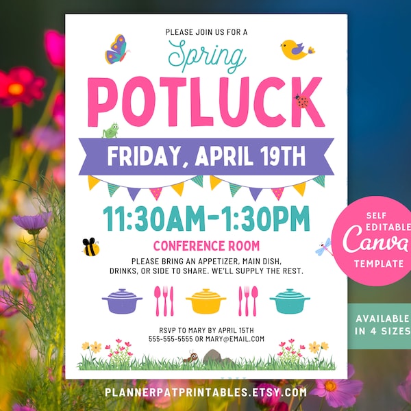 Bearbeitbarer Frühlings-Potluck invite Printable, Potluck Luncheon Party Flyer, Canva