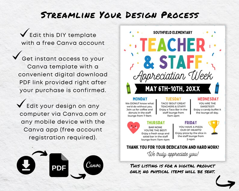 Editable Teacher & Staff Appreciation Week Itinerary Flyer (canva ...