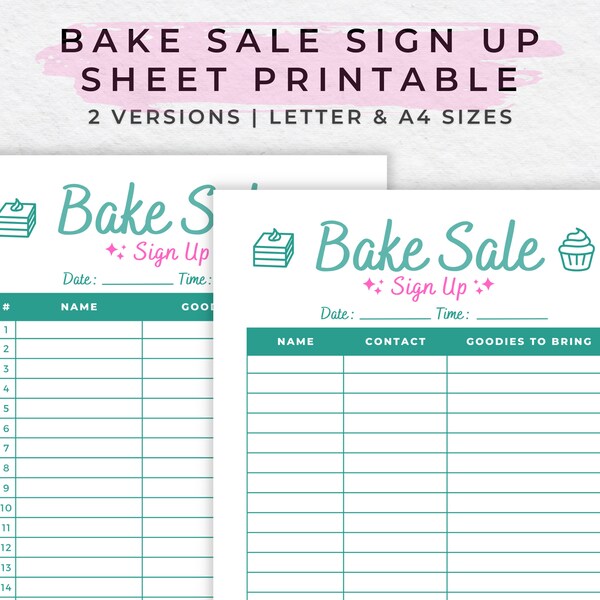 Non-editable Bake Sale Sign Up Sheet, Holiday School Church Fundraiser