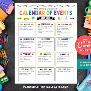 Puede incluir: Un calendario de eventos imprimible para un aula, con un diseño colorido e iconos para cada mes. El calendario incluye eventos como el regreso a clases, excursiones, días festivos y la semana del espíritu. El texto "Mrs. Smith's Classroom" y "Calendar of Events" está en la parte superior de la página. El texto "Self Editable Canva Template" está en un círculo rojo en la parte inferior derecha de la página. El texto "Available in 4 Sizes" está en un rectángulo negro en la parte inferior derecha de la página.