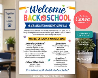 Welcome Back to School Flyer Template, Editable First Day Announcement (Canva)