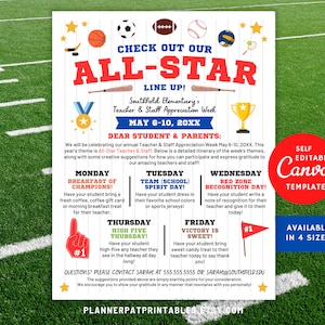 Boletín informativo para padres con temática de estrellas deportivas editable para la Semana de agradecimiento a maestros y personal