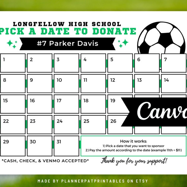 Editable Soccer Pick a Date to Donate Fundraiser Calendar Template, Canva