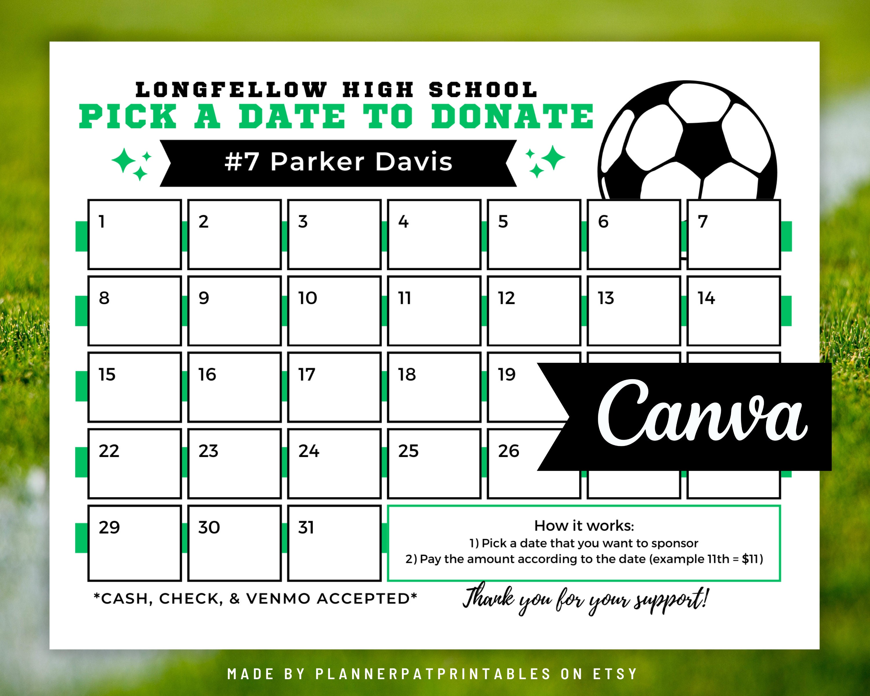 Editable Pick A Date To Donate Soccer Fundraiser Calendar 