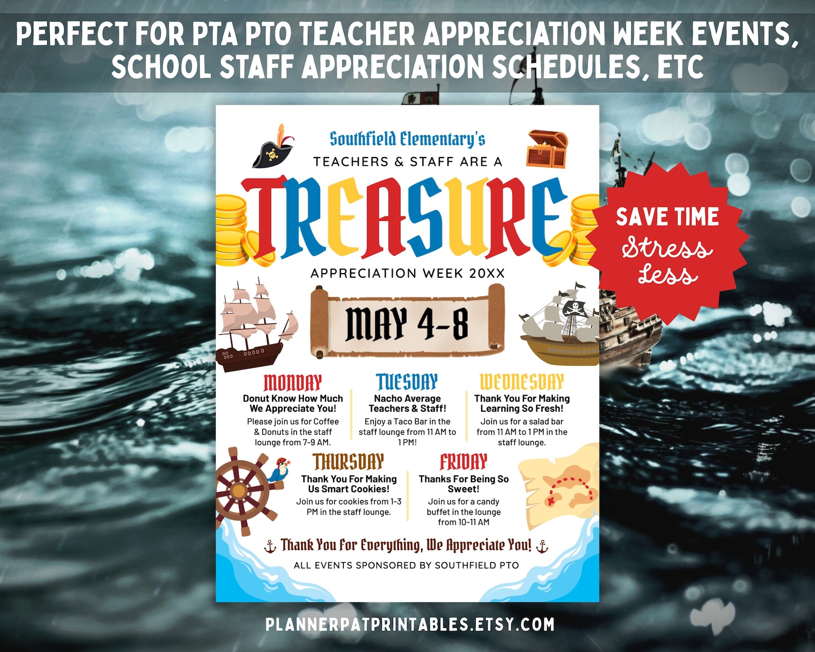 Pirate Theme Teacher & Staff Appreciation Week Itinerary Flyer (canva ...