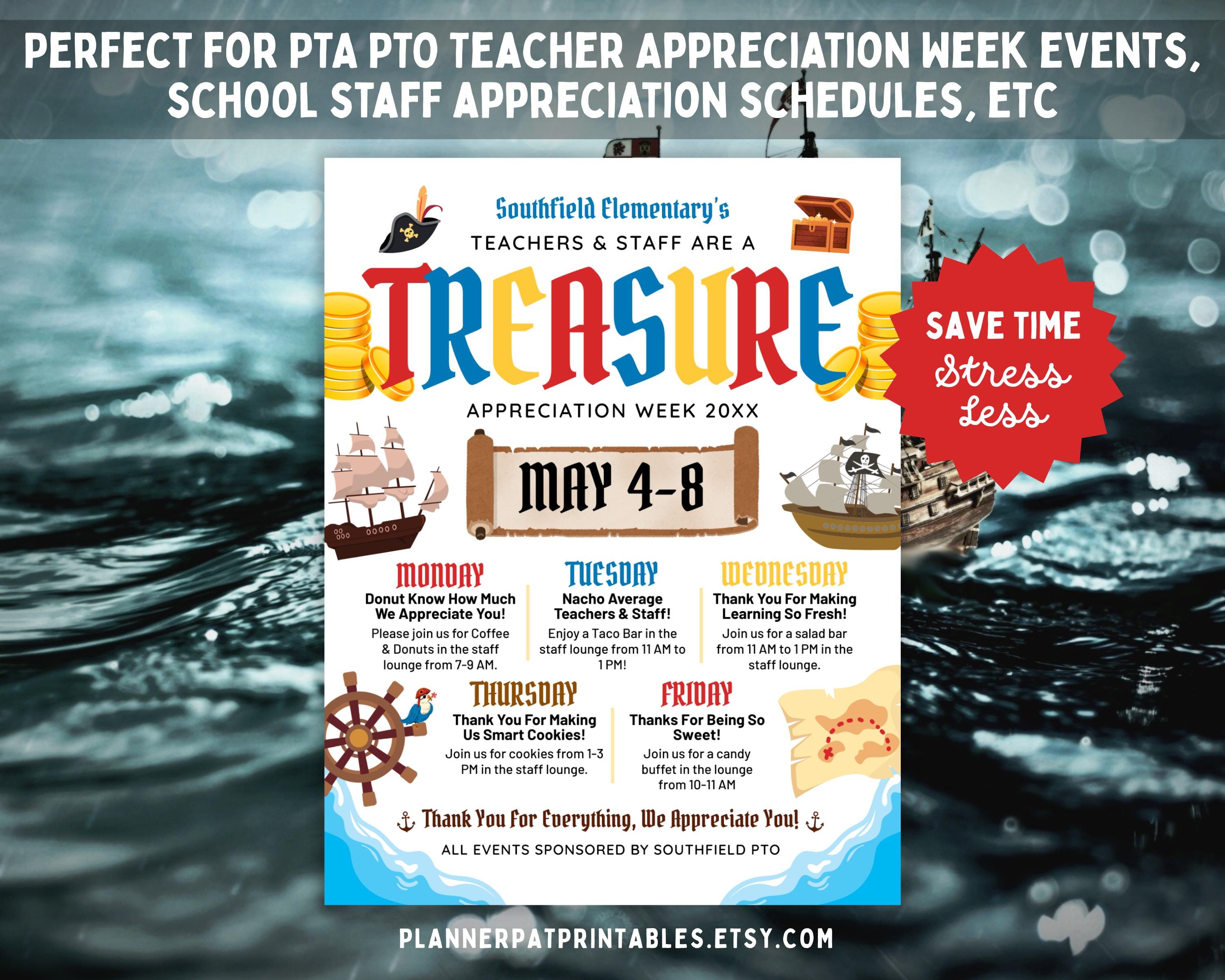 Pirate Theme Teacher & Staff Appreciation Week Itinerary Flyer (canva ...
