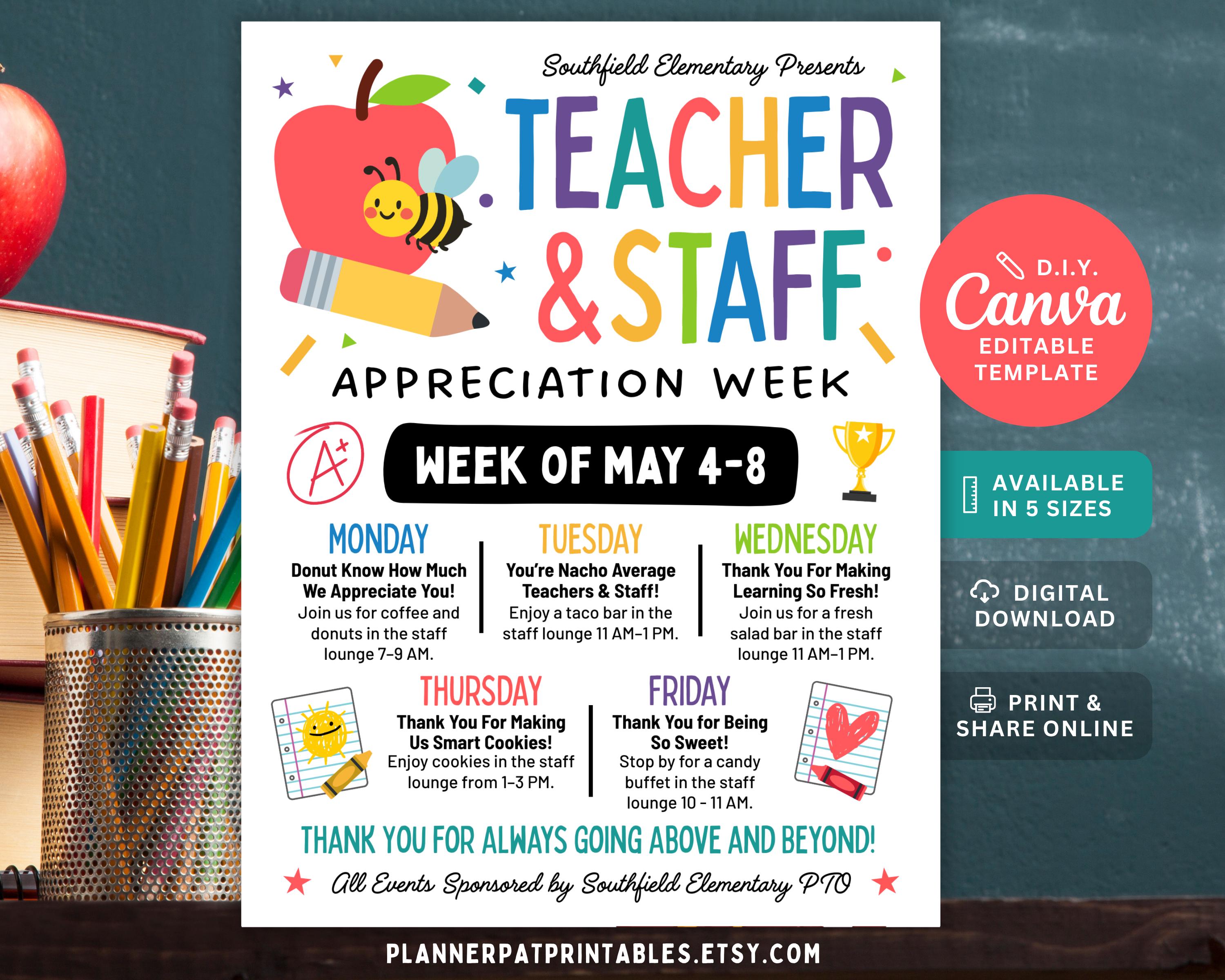 School Theme Teacher & Staff Appreciation Week Itinerary Flyer (canva ...