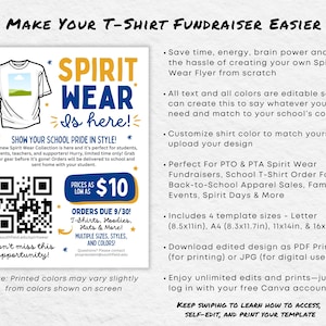 K&ouml;nnte beinhalten: Werbeflyer mit dem Text "Machen Sie Ihre T-Shirt-Fundraising-Aktion einfacher". Der Flyer bewirbt "Spirit Wear" mit einer Grafik eines T-Shirts. Er enth&auml;lt Informationen zu Bestellung, Preisen und Anpassungsoptionen f&uuml;r Schul-Spirit-Wear.