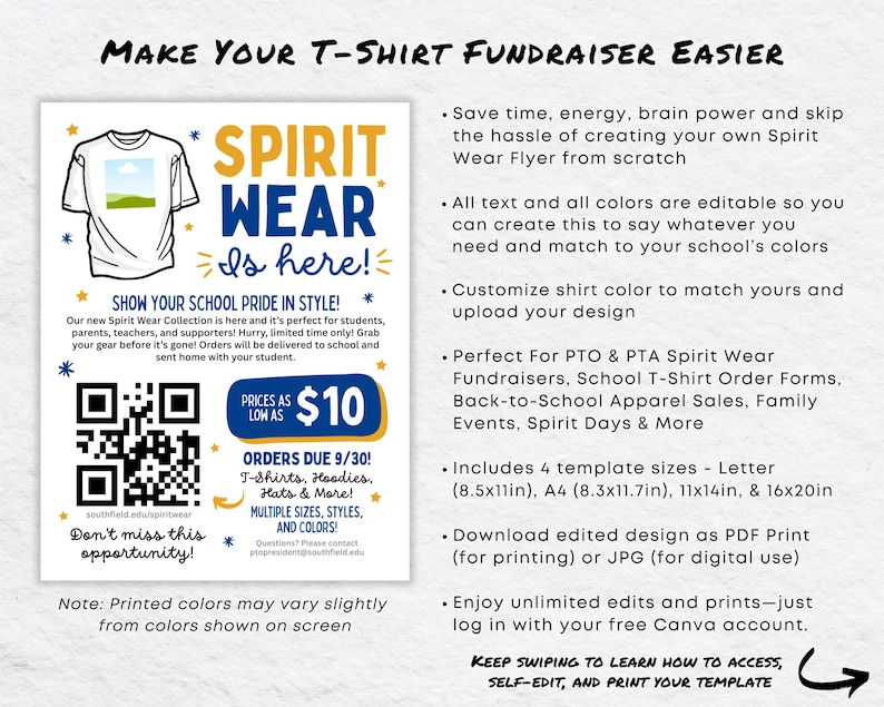 K&ouml;nnte beinhalten: Werbeflyer mit dem Text "Machen Sie Ihre T-Shirt-Fundraising-Aktion einfacher". Der Flyer bewirbt "Spirit Wear" mit einer Grafik eines T-Shirts. Er enth&auml;lt Informationen zu Bestellung, Preisen und Anpassungsoptionen f&uuml;r Schul-Spirit-Wear.