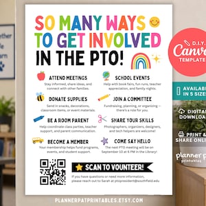 Könnte beinhalten: Ein weißer Flyer mit der Überschrift SO MANY WAYS TO GET INVOLVED IN THE PTO! mit buntem Text, einem Regenbogen und Symbolen wie Apfel, Globus, Biene, Stift, Schere und Stern. Er listet Möglichkeiten zur Freiwilligenarbeit und Kontaktinfos auf.