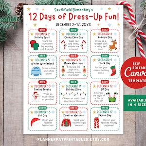 Pode incluir: Um gráfico imprimível de 12 dias de diversão para se vestir com um esquema de cores verde, vermelho e branco. Cada dia apresenta uma ideia diferente de fantasia com tema natalino, como Espírito natalino, Dia do bastão de caramelo e Dia do duende. O gráfico é autoeditável e está disponível em quatro tamanhos.