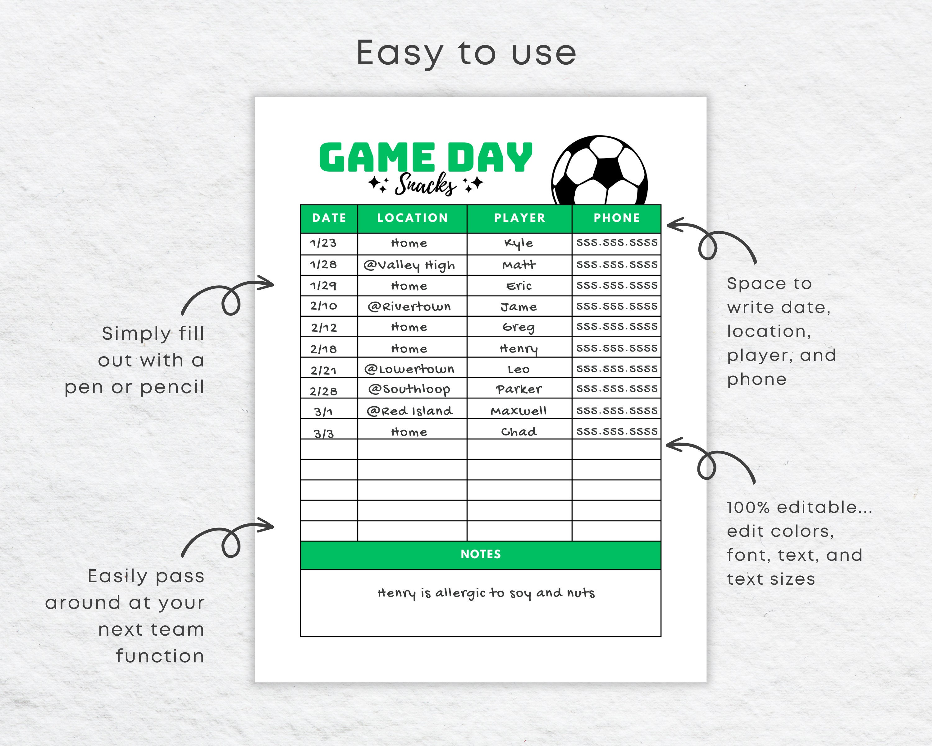 Soccer Snack Schedule Sign up Sheet Printable, Editable Canva Template ...
