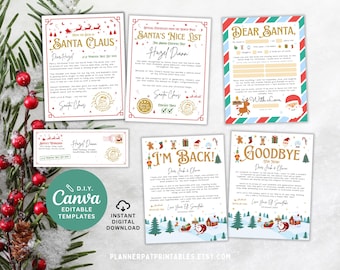 Pode incluir: Uma coleção de modelos imprimíveis com tema natalino. Inclui cartas do Papai Noel, um certificado da lista de bons, um formulário "Querido Papai Noel", um endereço da oficina do Papai Noel e cartas de "Estou de volta" e "Adeus".
