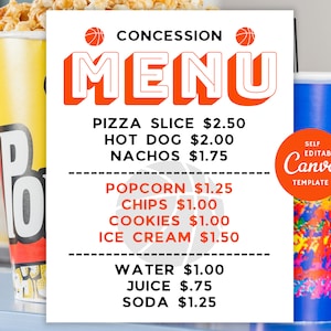 Editable Basketball Concession Menu Template, Concession Stand Sign, Canva