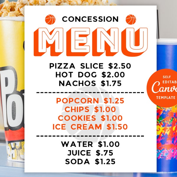 Basketball Concession Menu Editable Template, Concession Stand Sign Canva